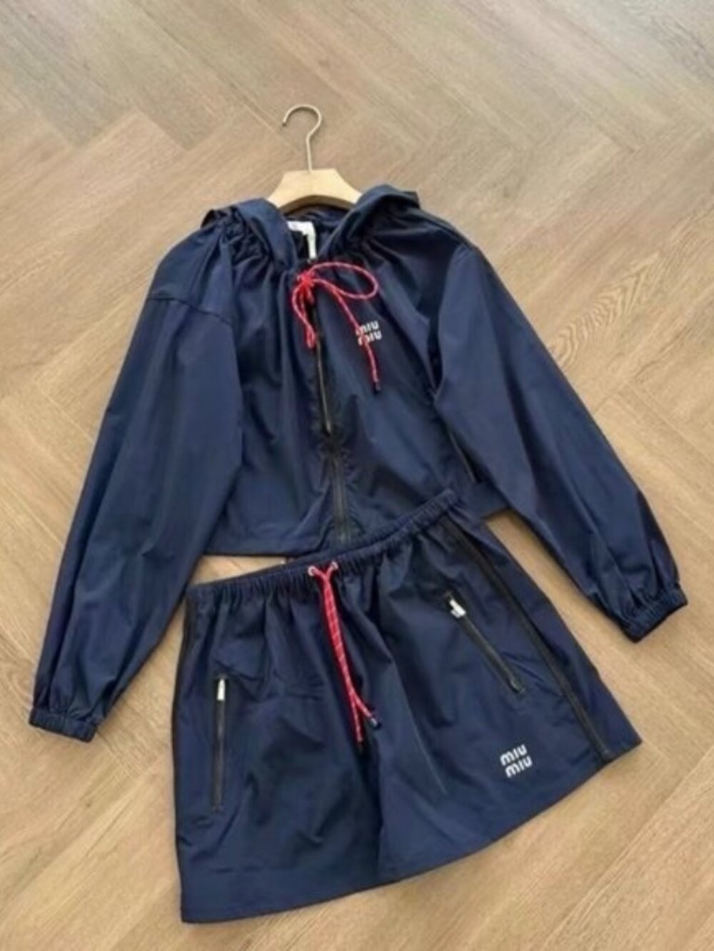 Miu Miu Navy Hooded Zip Jacket & Drawstring Shorts Set with Red Accents